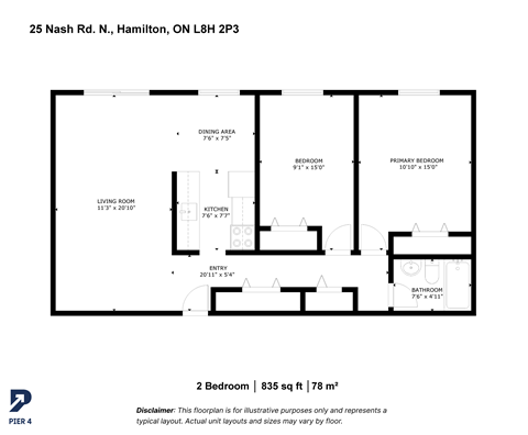 Floor plan for 2 beds, 1 bath, 835 sqft